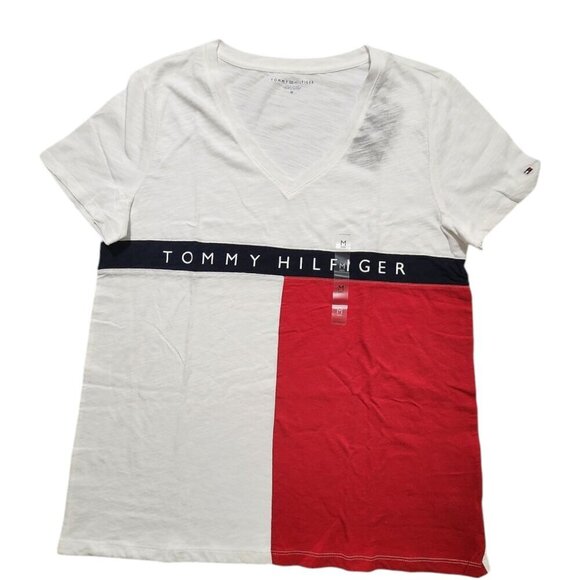 Tommy Hilfiger Women's ColorBlock‎ Flag T-Shirt V-Neck Size M - Picture 1 of 7
